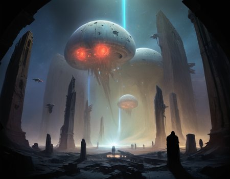 A swarm of bioluminescent drones hovered over what remained of the colossal edifices, their eerie lights casting long shadows across the ruins as they searched for something - or someone - that had once called this place home in a galaxy far from Earth, b3ks1n