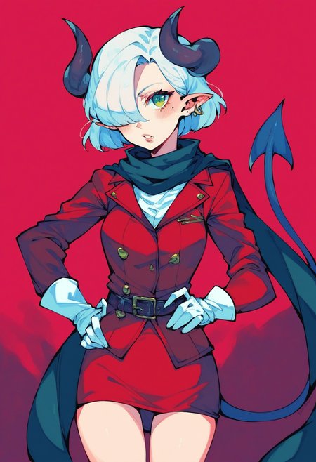 1girl, 
score_9, score_8_up, score_7_up, pastel colors, muted colors, pencil drawing, handdrawn watercolor pencil illustration, GENSHISTYLE, solo, looking at viewer, blush, short hair, skirt, gloves, long sleeves, hat, jewelry, green eyes, standing, jacket, tail, white hair, cowboy shot, earrings, parted lips, horns, pointy ears, belt, white gloves, scarf, mole, hair over one eye, hand on hip, mole under eye, red skirt, demon girl, demon horns, demon tail, red background, red jacket, purple belt, fang, black legwear, buttons, thighhighs, purple nails, heart tail duo, smile, sleeveless, pencil skirt, black scarf, hand to head, miniskirt, eyelashes
 <lora:GENSHI-000008:1>
