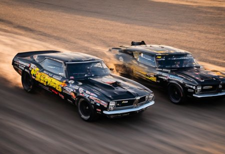 Creates an ultra detailed and realistic image taken by a drone, wide angle, of a race between 2 custom cars, created with parts from many muscle cars, with aerodynamic lines from 1972. The cars have tinted black windows. It is captured in motion with motion blur at full speed through a desert, daylight. Race between 2 cars. The photograph is captured with an Arri Alexa camera, with a zoom lens.
. <lora:Vintage Muscle Car SDXL:1>
