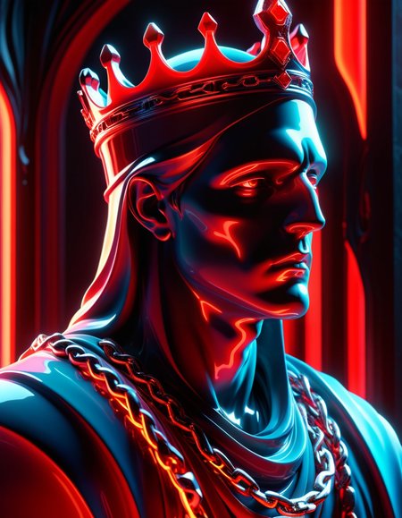 a close up of a statue with a neon light behind it, ash thorp, modern occultist, cinematic red lighting, crown of snakes, character design, chains and (red fluid background:0.7), cinematic still frame, redshift, the king of death, nether <lora:ral-vbrntacyl-sdxl:1> made of ral-vbrntacyl