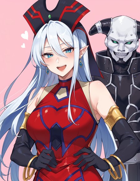 (score_9:0.9),score_8_up,score_7_up,rating_safe,anime style,(zPDXL),(zPDXL3),<lora:Ruin Queen of Oblivion ponyXL v1.1:0.8>,ruin queen of oblivion,1boy,open mouth,blush,1girl,black elbow gloves,smile,gold bracelet,red headwear,red dress,demise king of armageddon,full armor,pink background,mature female,