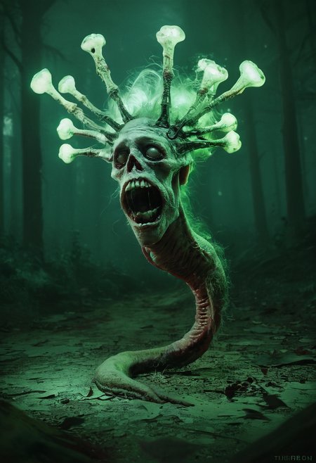 score_9, score_8_up, score_7_up, zy_monster, realistic, hunchbacked creature, cloaked figure, withered leaves, torn rags, bone lantern head, eerie flame, gaping mouth, glass teeth, twisted shadows, dancing shadows, luring travelers, raspy breath, distant wind, eyeless face, skinless, dark woods, horror, unsettling, night, grotesque, eerie glow, dark fantasy, highly detailed, high contrast, film grain, Rim Lighting , <lora:zy_Horror_Monsters_PonyRealism_v1:0.75>