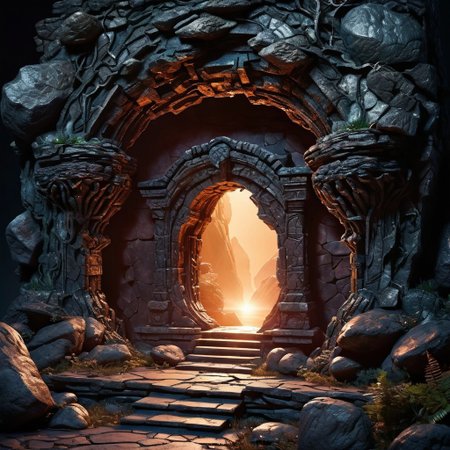 Mythical void portal to other magical worlds. dark crystal structures, highlighted masonry, rocks and creatures. Inner glow spotlighting