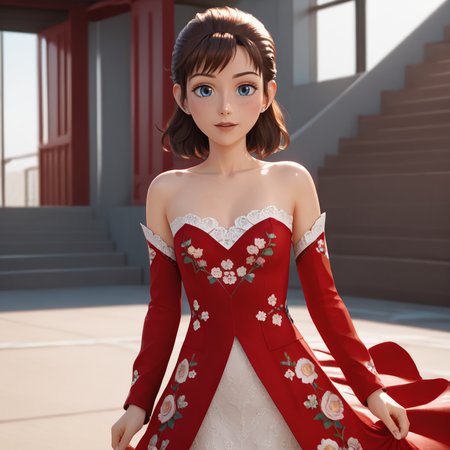 <lora:laetitia_pony_v1:.8>LaetitiaSecurity, 1girl, blue eyes,  brown hair, cowboy shot,  <lora:1007 Chinese wedding dress_v1_pony:1> ruanyi1007,bare shoulders,detached sleeves,red dress,floral print,strapless dress,