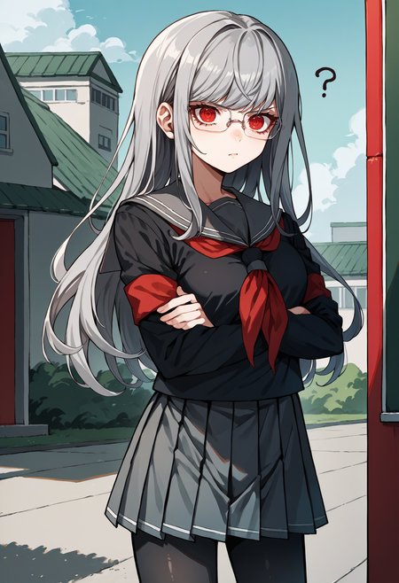 score_9, score_7_up, source_anime, 1girl, looking at viewer, ?, crossed arms, <lora:PekoDR-pdxl:1> defPeko, grey hair, long hair, red eyes, glasses, school uniform, black serafuku, red neckerchief, long sleeves, red armband, pleated skirt, black pantyhose, outdoors, school building
