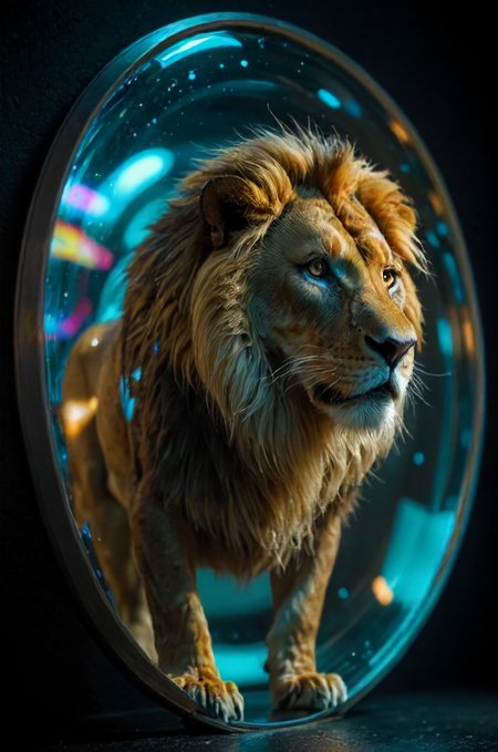 overlay of a sharp lion three in focus layered on top of a clear holographic glass infinity mirror with a transparent after-image that is out-of-focus in the background, illusion of depth, motion, double exposure, <lora:- SDXL - vanta-black_contrast_V3.0:0.2>,   <lora:ghost_in_the_mirror:0.8>