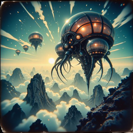 strange and otherworldly scenery on a distant planet, very aesthetic, highly detailed, award-winning pinhole photography, high sci-fi style, fractal art, dramatic sky, this image shows the airborne "rancorous seasnarf", an ethereal and enigmatic invertebrate with enormous iridescent, frondal gas bladders, it navigates the clouds in the dense atmosphere of the tempestuous alien planet "cloudberry" with ethereal argleflooping grace, jed-clrfl, <lora:flux_detailer-v3-flux-by_jedas:0.84> <lora:style-eldritch_pinhole_photography-flux-by_eldritchadam:1.0>