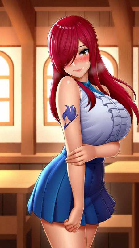 masterpiece, best quality, very aesthetic, absurdres, BREAK, 1girl, looking at viewer, cowboy shot, 
<lora:ErzaDef_Illu_Dwnsty:0.8>, brown eyes, red hair, long hair, hair over one eye, white shirt, sleeveless shirt, center frills, arm tattoo, blue skirt, pleated skirt,
large breasts, lips, smile, blush, head tilt, from side, holding own arm, 
indoors, tavern, bar, window, table, chair, day,