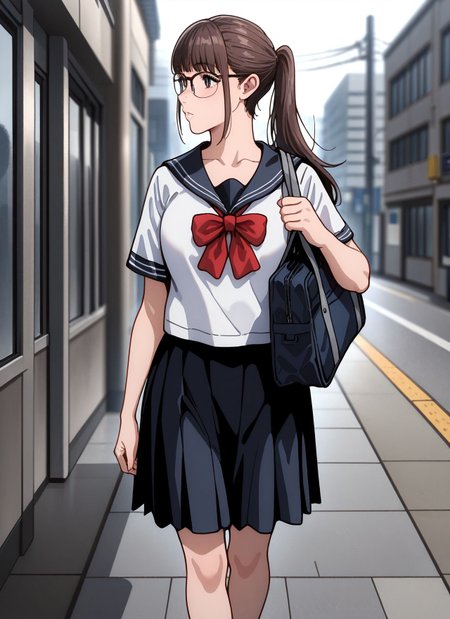 masterpiece,best quality,amazing quality,very aesthetic,absurdres,newest, huge filesize,
<lora:spo_sdxl_10ep_4k-data_lora_webui:0.5>,
<lora:add-detail-xl:1>
<lora:Trillion_Game_V1:1>Trillion Game,
1girl,school uniform,
bag,ponytail,
skirt,serafuku,
glasses,brown hair,
school bag,
long hair,
 solo, street,
walking,bow,
t_mizuki,