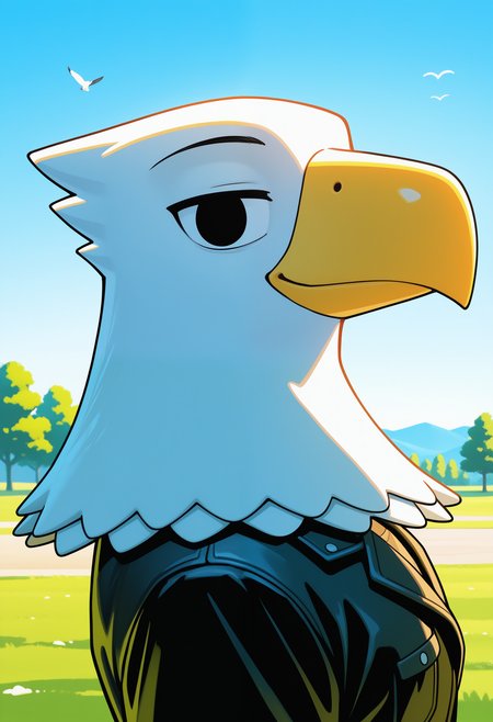 masterpiece,best quality, amazing quality, 1boy, solo, ap0ll0, furry male, bird boy, black eyes, white fur,  black jacket, close up, smile, outdoors, 