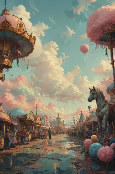 A surrealistic interpretation of a carnival midway, where carousel horses have elongated necks and twisted limbs, and cotton candy clouds loom overhead. The scene is filled with bizarre attractions, from funhouse mirrors that distort reality to fortune-telling machines that whisper cryptic prophecies. (masterpiece, award winning artwork)
many details, extreme detailed, full of details,
Wide range of colors, high Dynamic
<lora:EldritchMixIllustration_1.0:1.0>
<lora:add-detail-xl:0.89>
 <lora:xl_more_art-full_v1:0.4> 
 <lora:MJ52:0.4>