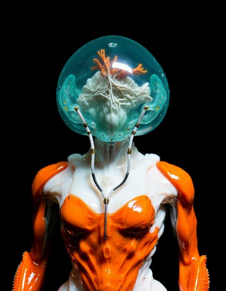 4byss,Create a portrait of a powerful, biomechanical humanoid with a translucent, jellyfish-inspired helmet. The helmet glows subtly with cyan and orange hues, and small neural fibers are visible within, pulsing with light. The figure’s body is a mix of muscular, synthetic flesh and integrated mechanical components, with a glossy finish in bold orange and white. Delicate cables connect the helmet to the chest, while the shoulder and arm areas feature biomechanical gills that softly radiate cyan. Against the black background, the contrasting colors and polished surfaces highlight the futuristic and aquatic aesthetics of this alien-inspired design.

