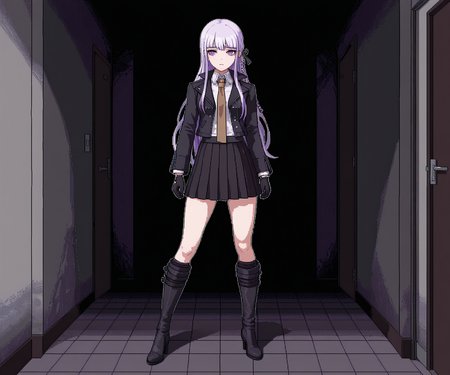 masterpiece, best quality, amazing quality,  1girl, solo,  horror \(theme\), <lora:World of Horror style:1.2> WoH, pixel art,  <lora:Kyoko  [Illustrious] - Danganronpa:0.6> DRK1r1g1r1, purple eyes, long hair, side braid, purple hair, black ribbon, hair ribbon, black jacket, open jacket, white shirt, brown necktie, black gloves, black skirt, pleated skirt, black footwear, knee boots, high heel boots