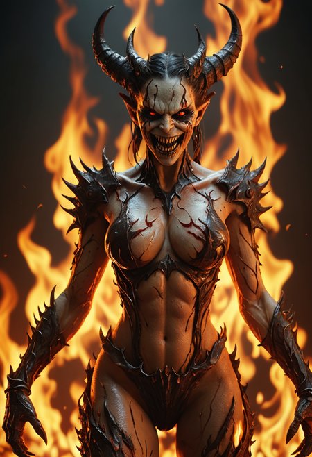 a grinning female demon surrounded by flames, full body wide angle, hyper realistic, ultra detailed, harsh light, 8k UHD