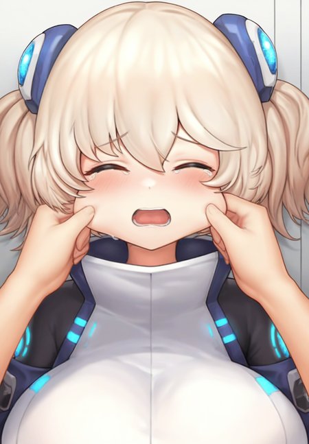 masterpiece,best quality,amazing quality,very aesthetic,absurdres,newest,scenery,<lora:ella_ilxl_v1-000015:1>,ella \(last origin\),huge breasts,1girl,solo,short twintails,upper body, closed eyes, crying, cheek pinching, pov hand,looking at viewer, open mouth, blush,