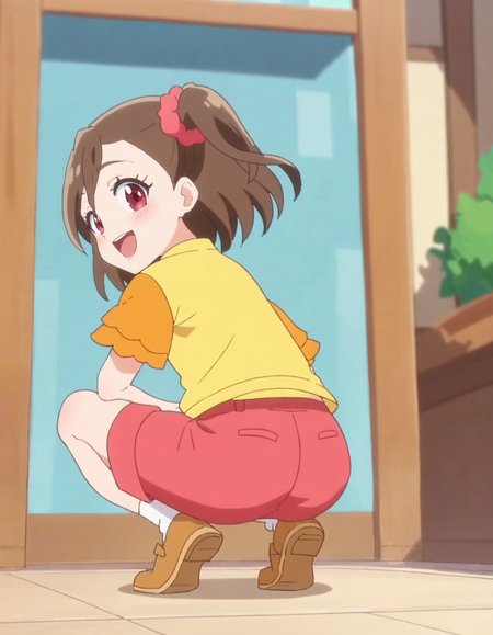 score_9, score_8_up, score_7_up, anime screencap, solo,1girl,sakurahamori,  smile, red shorts, looking at viewer, scrunchie,  yellow shirt, hair ornament,cowboy shot, blush,open mouth,from behind,ass,squatting<lora:sakurahamori_pony:0.8>