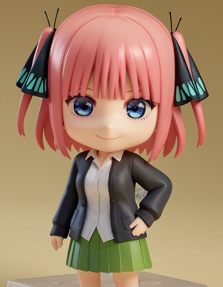 score_9, score_8_up, score_7_up, source_anime,
ninonakano, <lora:nino-nakano-s2-ponyxl-lora-nochekaiser:0.5>, 
nino nakano, short hair, bangs, blue eyes, hair ornament, hair ribbon, pink hair, blunt bangs, two side up, butterfly hair ornament, mature female,
skirt, shirt, long sleeves, white shirt, pleated skirt, open clothes, collared shirt, sleeves past wrists, dress shirt, cardigan, green skirt, open cardigan, black cardigan,
<lora:nendoroid-figurines-ponyxl-lora-nochekaiser:1>, nendoroid, 1girl, solo, chibi, 3d, smile, hand on own hip, v, v over eye,
