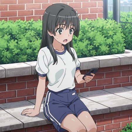 nsfw, masterpiece, best quality, amazing quality, 1girl, solo, index_railgun_saten_ruiko, sitting, black hair, hair ornament, long hair, hair flower, shorts, flower, gym uniform, gym shorts, phone, blue shorts, shirt, green eyes, bush, cellphone, white shirt, outdoors, brick wall, open mouth, <lora:Saten_Ruiko_-_Index_Railgun:0.7>