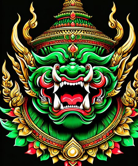 thai ogre style, thai ogre, colors green red and gold, sharp teeth, golden accents, extremely detailed, digital art, t-shirt design, dark blackground <lora:thai ogre_style:0.85>