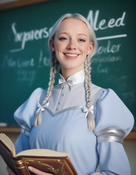 "hyper-detailed, fantasy, elven schoolgirl, twin braids with silver ribbons, magical academy uniform, glowing chalkboard, spellbook, arched back, mysterious smile" ,score_9, score_8_up, score_7_up, masterpiece, high quality, highres, best quality, <lora:mcnulty_epoch_10:1>  Stable_Yogis_PDXL_Positives2