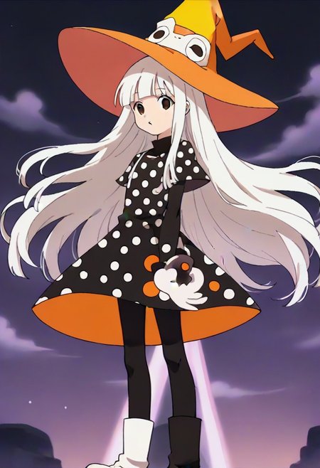 source_anime, anime, (vivid colors, bright colors:1.1),, adult, white hair,long hair,bangs,orange hat, thin hat, witch hat, black dress,black pantyhose,white boots,polka dots,polka dot dress, <lora:Eureka_Frog_v10:1>,