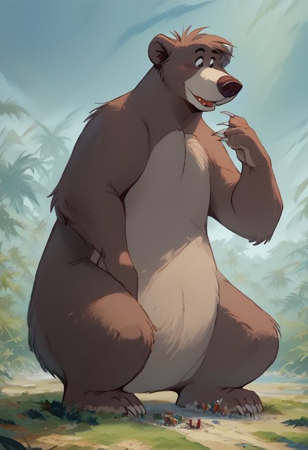 score_9, score_8_up, score_7_up, by cocadope, 1boy, furry male, male focus, furry, (baloo:1.2, bear), solo, animal ears, two tone fur, dark brown and light brownfur, brown eyes, tiny green loincloth (chubby:1.2),  ((macro)), ((giantess)), ((macro)), ((giantess)) gigantic, ,Squatting , large body, happy, landscape background, tiny landscape, micro landscape, detailed landscape, shrunken trees, detailed fur, paws hands, paw legs, flat feet, feet wiggle toes , stomping, stepping, feet, tiny village, micro village, shrunken village, crash, disaster, perspective, macro scale, gigantic, giant furry, giantess, pastel colors, muted colors, soft shading, digital painting, <lora:furry_style:0.8>