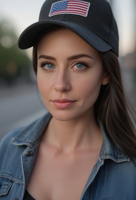 30yo woman holding an American flag.
Blue eyes. perfecteyes 
Wearing Denim jacket trucker hat. 
Long dark black slick back hair. No makeup. Dusk, Street light. Looking at camera POV. Slight smile, tilting head.. Tilt head.
Medium Close Up shot. Bokeh. Bokeh light. semi Blurred background.