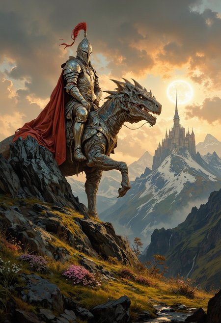 8k high quality digital painting , masterpiece, very detailed, ultra realistic, (best quality) very detailed epic masterpiece, 
unearthly beautiful, a breathtakingly beautiful landscape in the French Alps, in the foreground a shiny knight riding on a dinosaur-like dragon watches a beautiful castle in the distance, the low yellow-red sun casts long shadows, enchanting landscape, fairytale-like, calm mood, flowers in the foreground, realistic