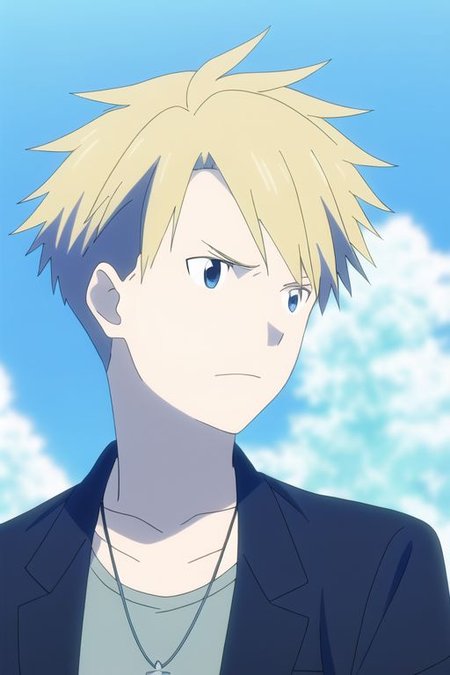 high resolution, professional photography, solo, best quality, 1Boy, Yamato Ishida, Blond Hair, Deep Blue Eyes, Necklace, existential longing, ultimate sky, OverallDetail