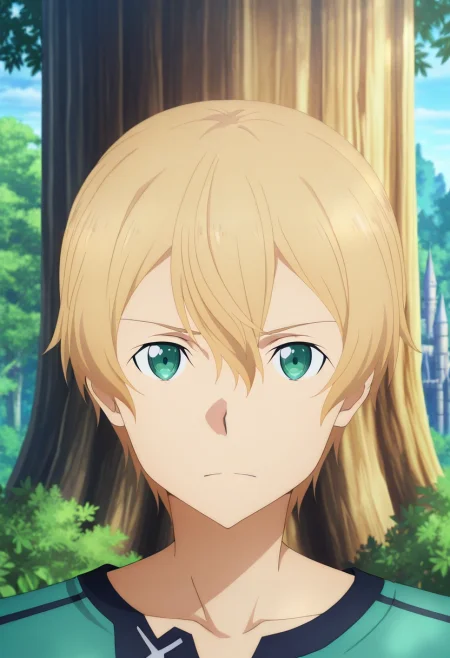 masterpiece, best quality, , anime screencap, , official style, looking at viewer, 1boy, solo, male focus, <lora:eugeo_sao_ilxl:0.94>, eugeo_sao, blonde hair, green eyes, bangs, hair between eyes, short hair, , forest castle, tree towers, leaf courts, wooden halls, noble pose, majestic expression, morning,