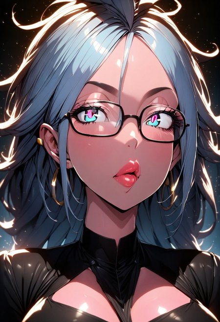 (masterpiece), (best quality), (ultra-detailed), 
1girl, solo, android 21 merged with Bulma,  gorgeous lips, an elegant face, pink skin, blue hair, long hair, spectacles,
light particle, particle, shadow,  
detailed lips , black detailed pupils, puffy lips, wide lips thick lips, big lips, large lips, parted clothes