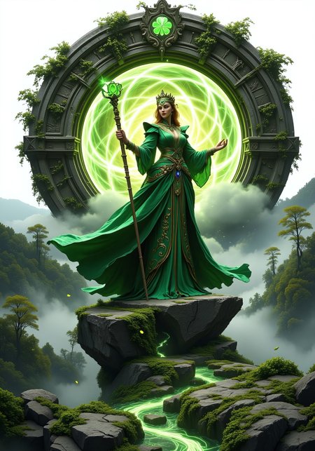 A semi-realistic fantasy concept art of a lucky clover sorceress standing on a floating rock platform before a glowing ancient portal, designed in a cutout-style with a white background. She wears an elegant emerald and gold robe, adorned with intricate four-leaf clover patterns. Her golden eyes shimmer with magic, and she holds a wooden staff crowned with a glowing clover-shaped crystal. The rock beneath her is covered in lush clover and enchanted roses, their petals drifting into the void. The ancient stone portal radiates swirling green and gold energy, framed by vine-covered ruins. Misty hills and ethereal trees are visible in the distance, giving a dreamlike feel. The white background makes it appear as if this mystical world is emerging from the page.
