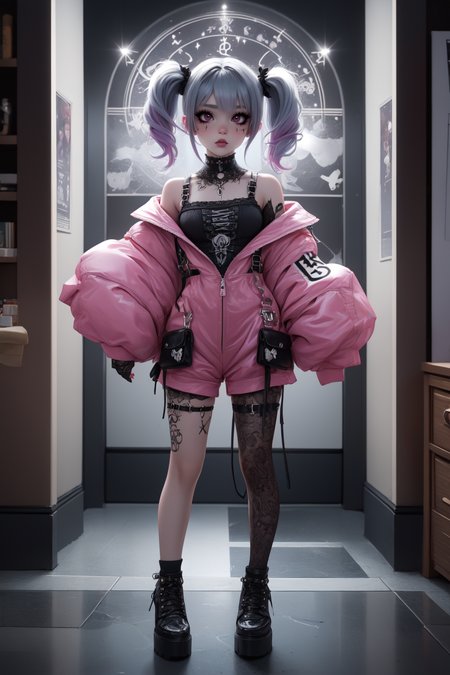 breathtaking full shot, full body, 1girl,  <lora:edgPastelGothFashionv1:0.45> edgPastelGoth, pink outfit, wearing edgPastelGoth <lora:snak3platf0rm:0.25> snak3platf0rm eyeliner5 EyeDetail HairDetail <lora:water-a-e-style-darquelilly-v1:0.7> waterastrologystyle <lora:egirlmakeup:0.35> egirlmakeup, masterpiece, award-winning, professional, highly detailed