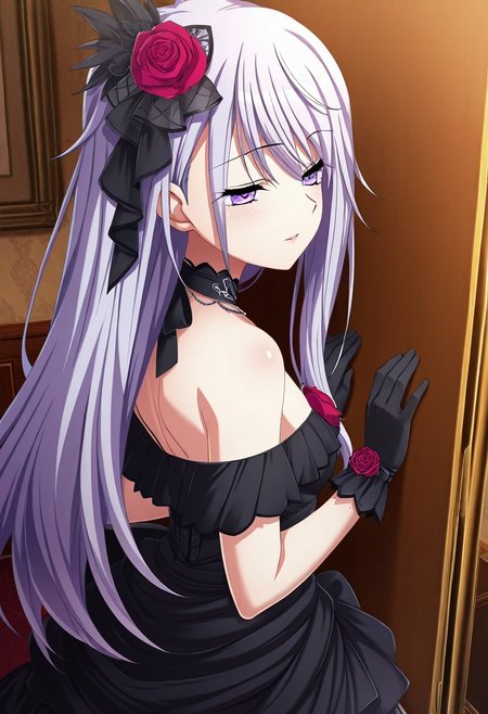 masterpiece, best quality, good quality,anime coloring,Game_CG,1girl,Erika_Lluvia,purple eyes,long hair,light purple hair,hair flower,black dress,bare_shoulders,rose,black gloves,in room
