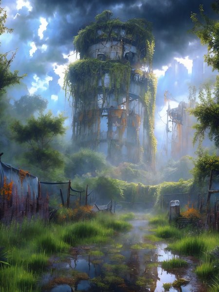 gigantic city ruins tower into the sky, moss and creepers grow in the craks. highly detailed astronaut in a orange space suit surveys the ruins, rain, mist and fog, dark forbidding sky, sunlight filters through the clouds, 
(masterpiece, top quality, best quality, official art, beautiful and aesthetic:1.2), (8k, best quality, masterpiece:1.2),
<lora:add_detail:1> <lora:20231114-1699945989034:0.8> Dark <lora:Wasteland:1> Wasteland