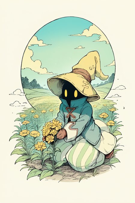 score_9, score_8_up, score_7_up, score_6_up, source_anime, BREAK  <lora:BlackMageCostumeSDXL-V1:1> bmcostume, hidden face, yellow eyes  <lora:traditional_slider_v1_NEGWEIGHT:-1.2> border, blue sky, field, holding flower, looking up