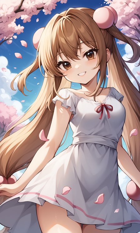 score_9, score_8_up, BREAK
1girl, kokonoerin, brown eyes, dress, brown eyes, very long hair, 
looking at viewer, light smile, cowboy shot, cherry blossoms, falling petals, pink petals, blue sky, dynamic lighting, 
masterpiece, best quality, very aesthetic, 
<lora:KokonoeRin_Pony:1>