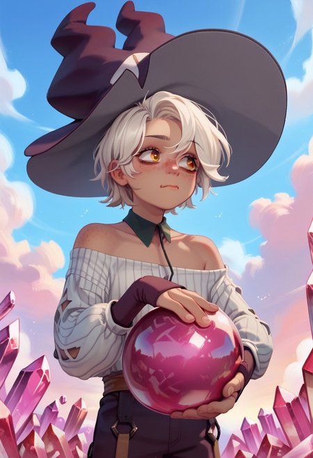 cowboy_shot, Score_10, Score_9, Score_8_up, Score_7_up, Score_6_up, 
qu1nn, white hair, dark skin, dark-skinned male, heterochromia, red eyes, yellow eyes, bare shoulder, off-shoulder shirt,  short hair, collarbone, witch hat, pants, shirt, sweater, shoes, belt, longue sleeves, detached collar, striped shirt,
sky, crystal ball, looking at crystal ball, wide eyes, closed mouth, hands on crystal ball,