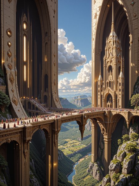 symmetrical architecture, photorealistic, realistic painting, late medieval high fantasy setting, epic and highly aesthetic, refined details, intricate decorations, muted colors, 8k, 16k, birds eye view, dappled sunlight, a sweeping view of a wondrous fantasy city carved into opposing towering cliffsides in a lush valley of a fantastical world, the cities architecture is grandiose and ornate, blending gothic and fantasy elements into an awe-inspiring tableau, the focus is a massive stone bridge stretching majestically across a deep chasm on towering symmetrical arches, it is connecting the left and right cliff of the valley, each cliff featuring elaborate, carved entrances framed by intricate stonework, the surface of the bridge is adorned with spires and elaborate carvings, the tall symmetrical arches beneath it reveal glimpses of a lush landscape of forests, rolling hills, and vibrant fields below and in the distance. a lively and diverse crowd of elegant elves, sturdy dwarves and humans crosses the bridge and travels underneath, some engage in animated conversations, others walk in quiet contemplation, and a few children scamper playfully near their guardians, the scene exudes life and movement, with each figure contributing to the richness of the narrative. the background showcases a verdant forest stretching across the horizon, its lush greenery adding softness to the otherwise imposing gothic architecture, sunlight filters dramatically through the clouds above, casting long, dynamic shadows across the bridge and cliffs, the interplay of light and shadow highlights the intricacies of the stonework and the finely detailed fabric of the travelers' garments, the golden-hour glow contrasts with the cool, shaded areas of the bridge and chasm, creating a harmonious balance of warmth and depth. the composition is meticulously detailed, emphasizing the tactile realism of the intricately carved stone bridge and the delicate folds of the travelersâ clothing, the high vantage point captures the immense scale and grandeur of the scene, immersing the viewer in the overwhelming beauty and complexity of this fantastical world, distant elements are painted with a softer focus, drawing the eye toward the richly detailed foreground and the majestic bridge at the heart of the image. this cinematic scene, bathed in golden light, merges fantasy splendor with dramatic scale, the transitions between light and shadow evoke a sense of depth and mystery, while the masterful attention to detail celebrates the harmonious blend of architectural marvels, natural beauty, and the vibrant energy of a diverse, living world, a harmonious color palette of beige, deep greens, and blue, in the style of ck-ovf, <lora:ultima-flux-by_sterlingangel:0.44> <lora:epic_gorgeous_details-balance-flux-by_flyway:0.92> <lora:style-oneviolentfantasy-ep21-flux-by_chronoknight:0.64>