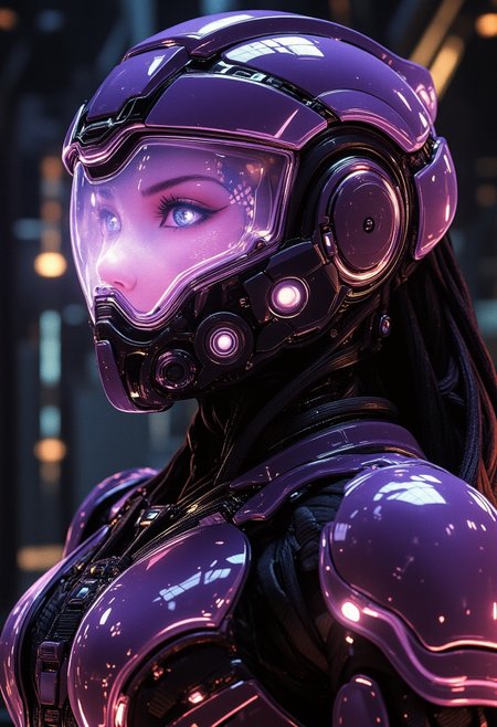 OBsgdys, A digital painting in the style of ck-js, highest definition, HD32K, wallpaper, hyperdetailed, concept art,  photorealistic closeup portrait of a female space marine in purple and black armour, helmet with a clear visor reflecting light, hyperdetailed helmet, silhouetted, chiascuro, dark abstract background suggesting interior of spaceship
