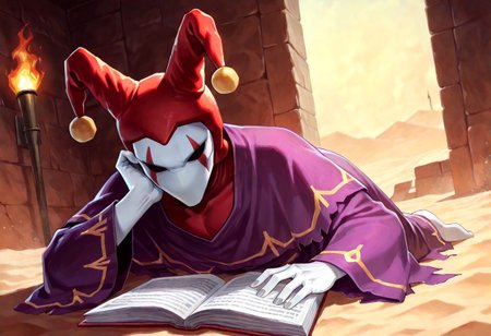 score_9,score_8,score_7,source_furry, (masterpiece, best quality, high quality:1.2), detailed hands,character focus, detailed skins, body blush, cinematic shadow, character focus, ultra detailed background, 
dutch angle,
<solo:1.5>, <1boy:1.5>, (anime:3.5), (official:3.5), lying, reading manga, head rest,
chariotsaga, 1boy, solo, male focus, 
jester, red headwear, looking at viewer, white skin, jester cap, pom pom (clothes), (faceless mask:1.2), facepaint, hat, robe, purple robe, torn robes, long sleeves, wide sleeves, barefoot, light gray color nails, 
ancient ruin background, indoor, dark orange stone wide rooms, torch wall, darkness, sand, desert,