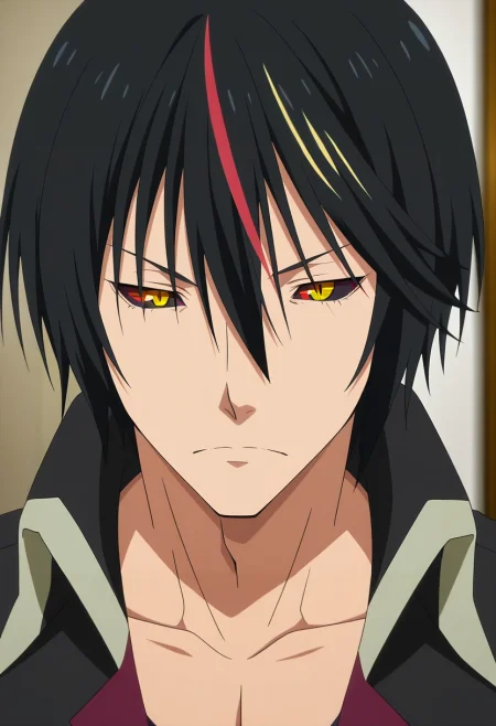 masterpiece, best quality, , anime screencap, anime coloring, official style,, 1boy, solo, male focus, <lora:diablo_tensura_ilxl:0.94>, diablo_tensura, black hair, yellow eyes, multicolored hair, streaked hair, red hair, hair between eyes, colored sclera, , ,