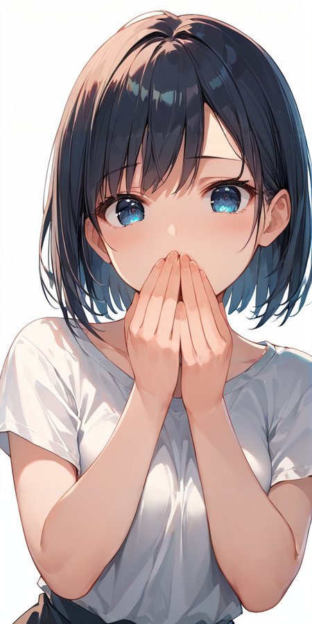 score_9, score_8_up, score_7_up,source_anime, high res image,masterpiece,best quality,break,
girl,cute face,clear skin,shiny hair,ultra detailed eyes,simple background, 
 <lora:hand over own mouth_pony_V1.0:1> hand over own mouth, covering own mouth