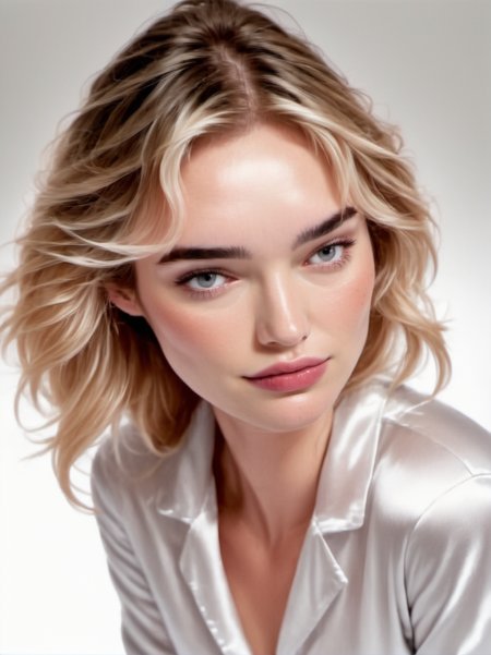 1girl, realistic, blond,
portrait, neutral expression, wearing satin pajamas, white background, looking at us,
 <lora:abbie-synth-xl-lora-1:1>