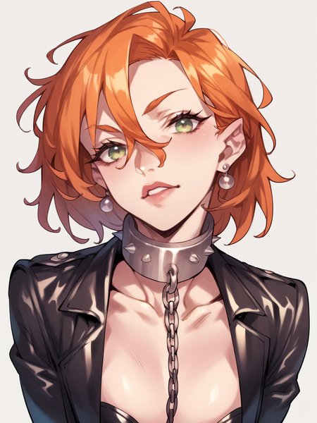 score_9, score_8_up, score_7_up, score_6_up, score_5_up,   <lora:nishiedaXLP:1> nishieda, 1girl, dominatrix, orange hair, metal collar,