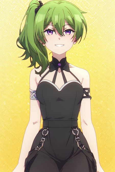 score_9, score_8_up, score_8, medium breasts, (curvy), cute, eyelashes,       BREAK, , <lora:UbelSousounofrieren:0.8>, zzUbel, medium hair, hair between eyes, green hair, side ponytail, purple eyes, black dress, , BREAK, smile, looking at viewer, cowboy shot, embedding:zPDXL, Expressiveh, <lora:PrismaIllya_PDXL_v3:1.0>,  <lora:SDXLFaeTastic2400:0.5>,  <lora:Expressive_H-000001:0.4>,
