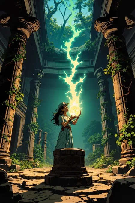 In the center of a crumbling, overgrown temple, a rogue archaeologist carefully extracts a glowing, crystalline artifact from its ancient pedestal. The surrounding statues, long eroded by time and nature, seem to watch her every move, their eyes glowing faintly with the same eerie light as the artifact. As she lifts the relic into the air, the walls of the temple begin to shift, ancient mechanisms groaning to life. Vines entwine with the crumbling stone, pulling it apart as the temple starts to collapse. Her breath quickens, but thereâs a glint of excitement in her eyesâthis is what she lives for. The scene is an adrenaline-fueled moment of discovery, blending the heart-pounding adventure of Indiana Jones with the mystical beauty of ancient ruins.<lora:RetroAnimeFluxV1:0.5><lora:NeonFantasyFLUX:0.3>