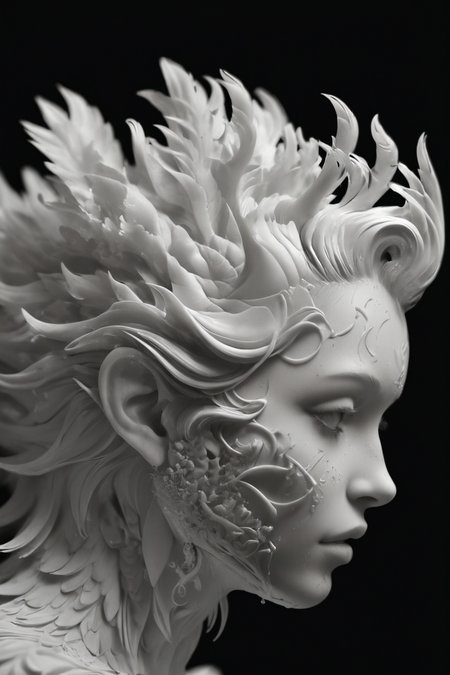 <lora:3DPrintingXL:1>,
masterpiece,(best quality),
official art,extremely detailed cg 8k wallpaper,
((crystalstexture skin)),(extremely delicate and beautiful),highly detailed,
WhiteMold,art style,3d printed mold,greyscale,monochrome,profile,from side,black background,simple background,solo,no humans,realistic,