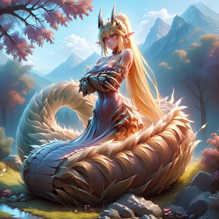 safe_pos, ((Score_9, score_8_up, score_7_up), ais-ghostly,masterpiece, perfect face, expressive yellow eyes,(lamia:1.2),monster girl,crossed arms,(muscular arms:1.1),full animal arms,(monster arms:1.3),(big claws),shy,annoyed expression,(looking away),blush,lying in a pond,pointy ears, blonde hair, yellow eyes,((gigantic tail:1.6)),((long tail:1.4)),(slender figure),(tight clothes),fancy jewelry,feather circlet,choker,jeweled sash,scaled skin,backward long horns,forest and mountains scenery,pond,(relaxing)