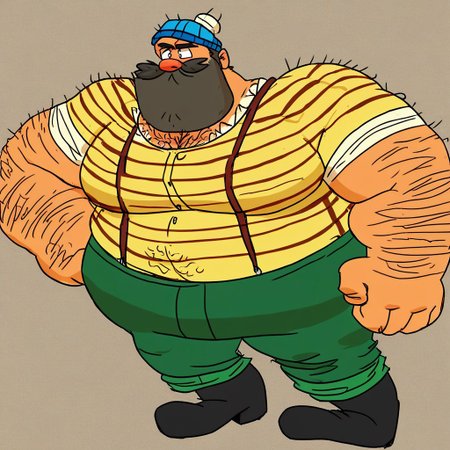 Angus is a large, bulky man who wears a yellow shirt with red stripes, green pants, brown suspenders, white socks, charcoal-colored lace-up boots, and a blue knit cap topped with a white pompom. He also has a beard, a mustache, and hairy arms. zoroj, chubby, fat, muscular, pectorals,